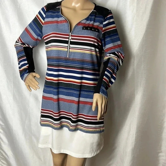 LE GRENIER striped blouse,front 3/4 zip,faux laced pocket, velvet  patches. - Picture 5 of 12